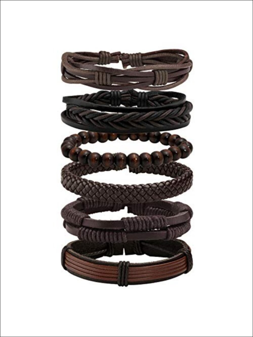 6 Pcs Braided Leather Cuff Bracelets Wooden Beads Adjustable Wristbands